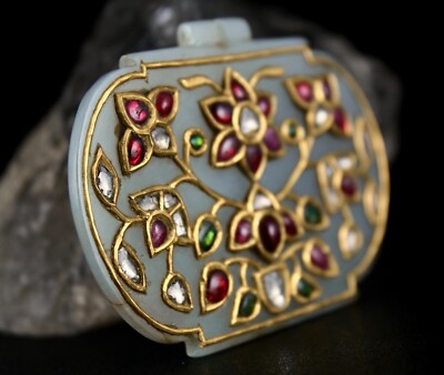 Certified Natural Diamond Mughal Nephrite Jade 10ct Gold Ruby Emerald Pendant