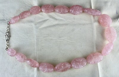 Certified Big Natural Rose Quartz 1488ct Carved Beads Sterling Silver Necklace