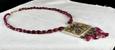 Certified Old Persian Jade Natural Diamond 10ct Tourmaline 18k Gold Pendant