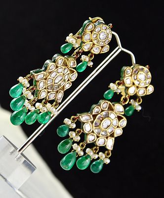 Certified Natural Diamond Pearl Emerald Meena 22k Gold Necklace Earring Set 10ct