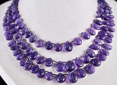 Amethyst Pear Drops Engraved Beaded Necklace 400 Ct Natural Gemstone String