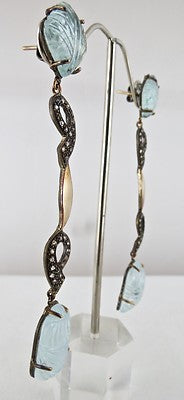 Certified 18k Gold Sterling Silver Natural Diamond Blue Aquamarine 92ct Earrings