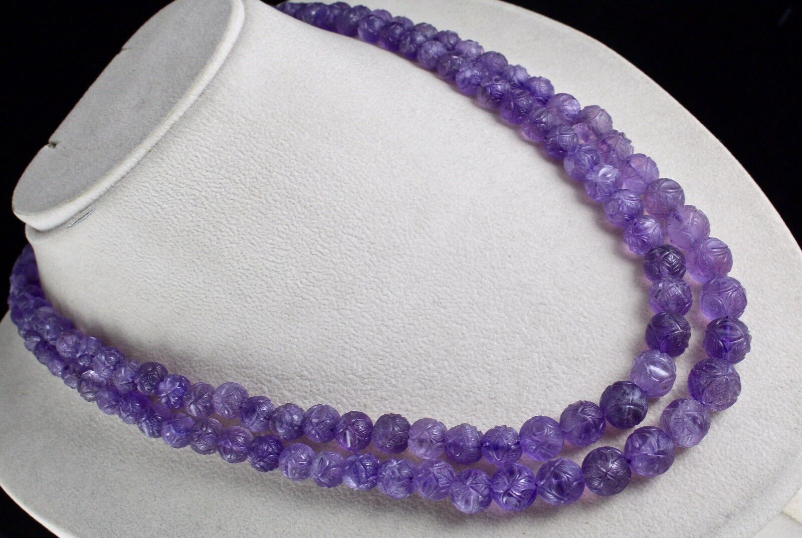 Natural Amethyst Beads Engraved 2 L 616 Ct Purple Gemstone Vintage Old Necklace