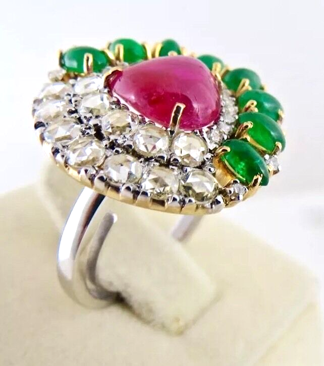 Natural Burma Ruby Zambia Emerald Cabochon White Diamond 18K Gold Statement Ring