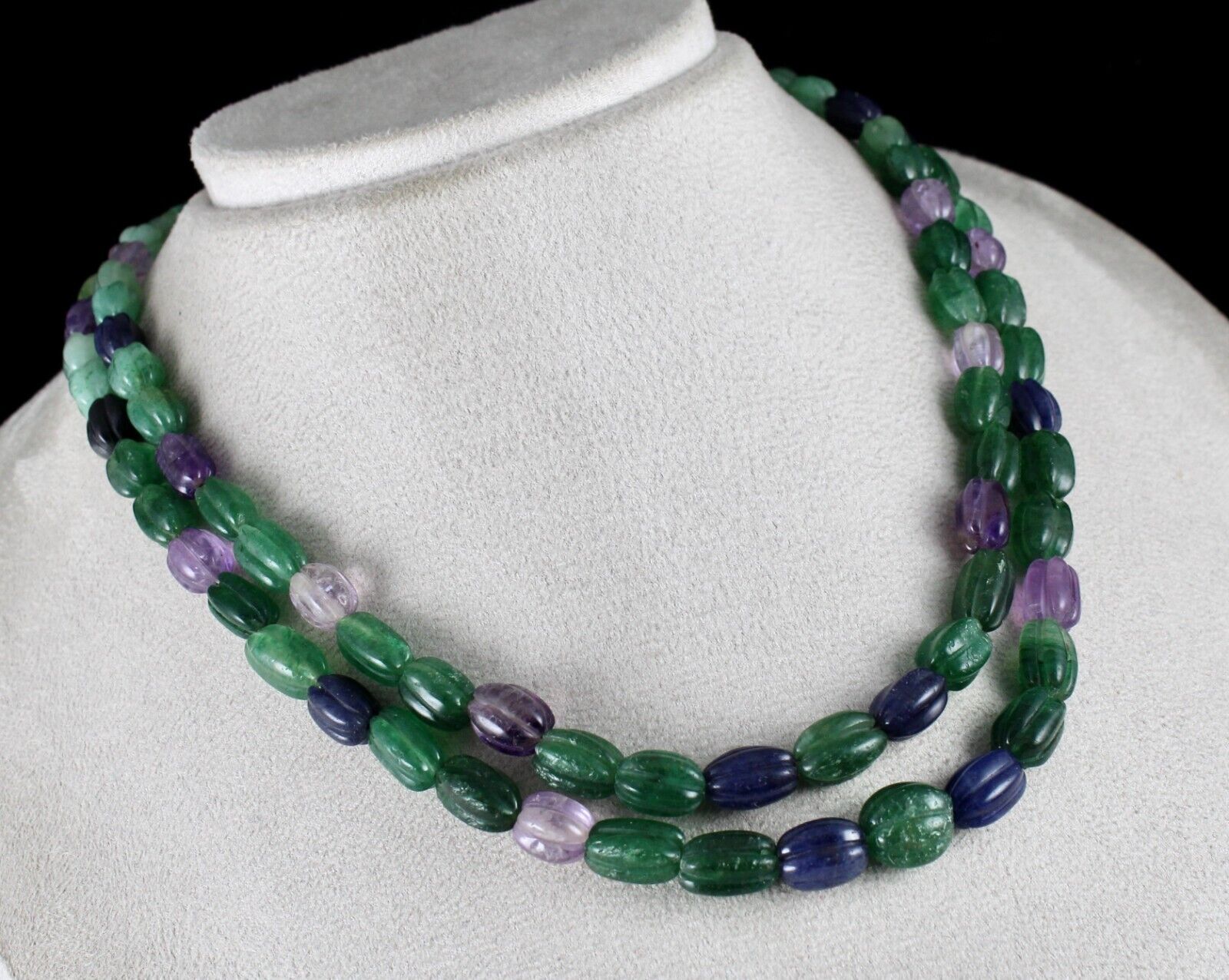 MULTI MIX CARVED SEMI-PRECIOUS BEADS 2 LINE 397 CARATS GEMSTONE FASHION NECKLACE