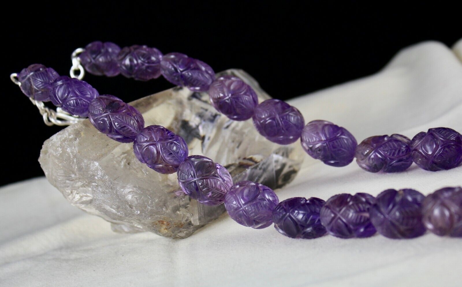 NATURAL AMETHYST ENGRAVED BEADS 955 CT PURPLE GEMSTONE SILVER VINTAGE NECKLACE