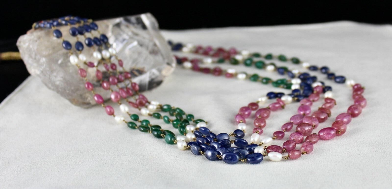 Certified 505 Ct Natural Ruby Blue Sapphire Emerald Pearl 18k Gold Necklace