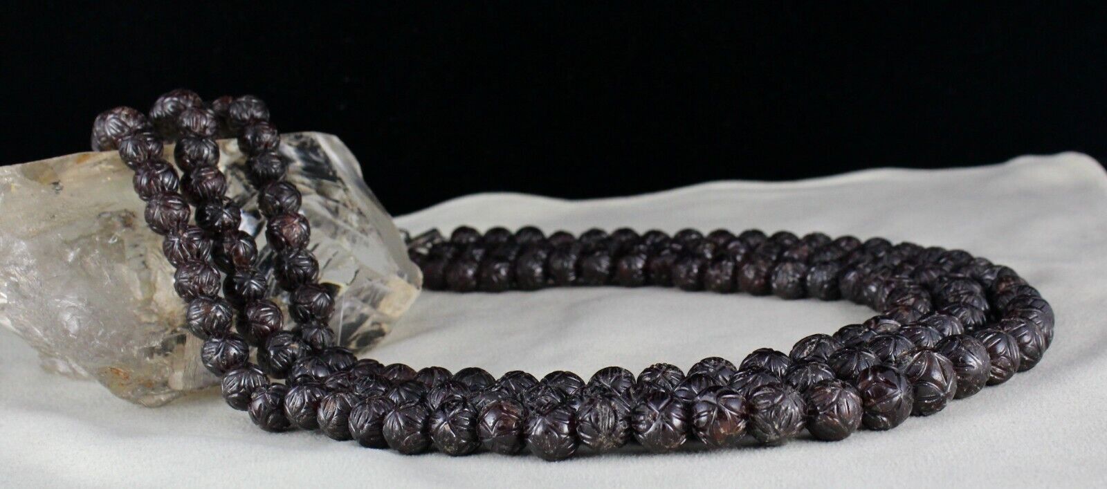 NATURAL RED GARNET CARVED BEADS 3 LINE 1686 CARATS GEMSTONE OLD SILVER NECKLACE