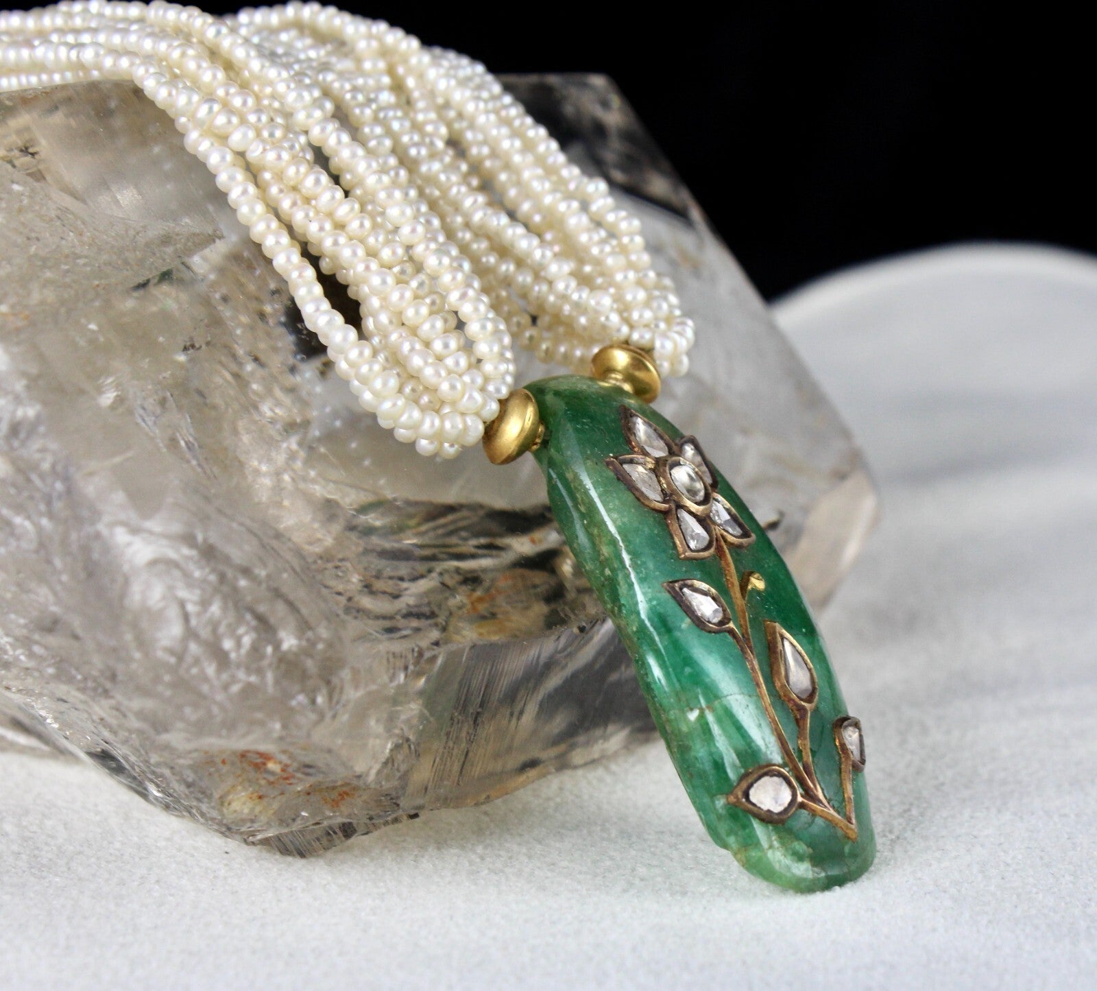 Certified Natural Emerald Cabochon 55ct Jadau Diamond 22k Gold Pearl Necklace