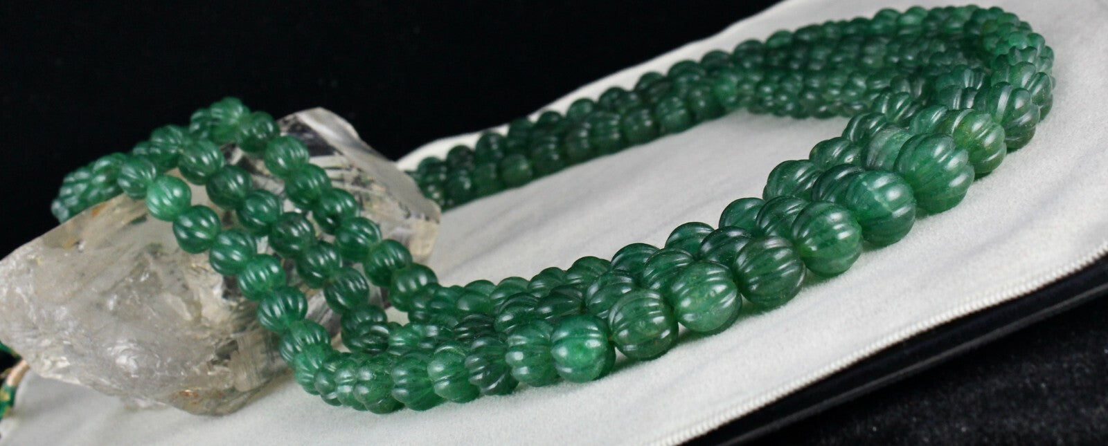 Emerald Green Quartz Melon Beaded Necklace 1486 Ct Carved Gemstone
