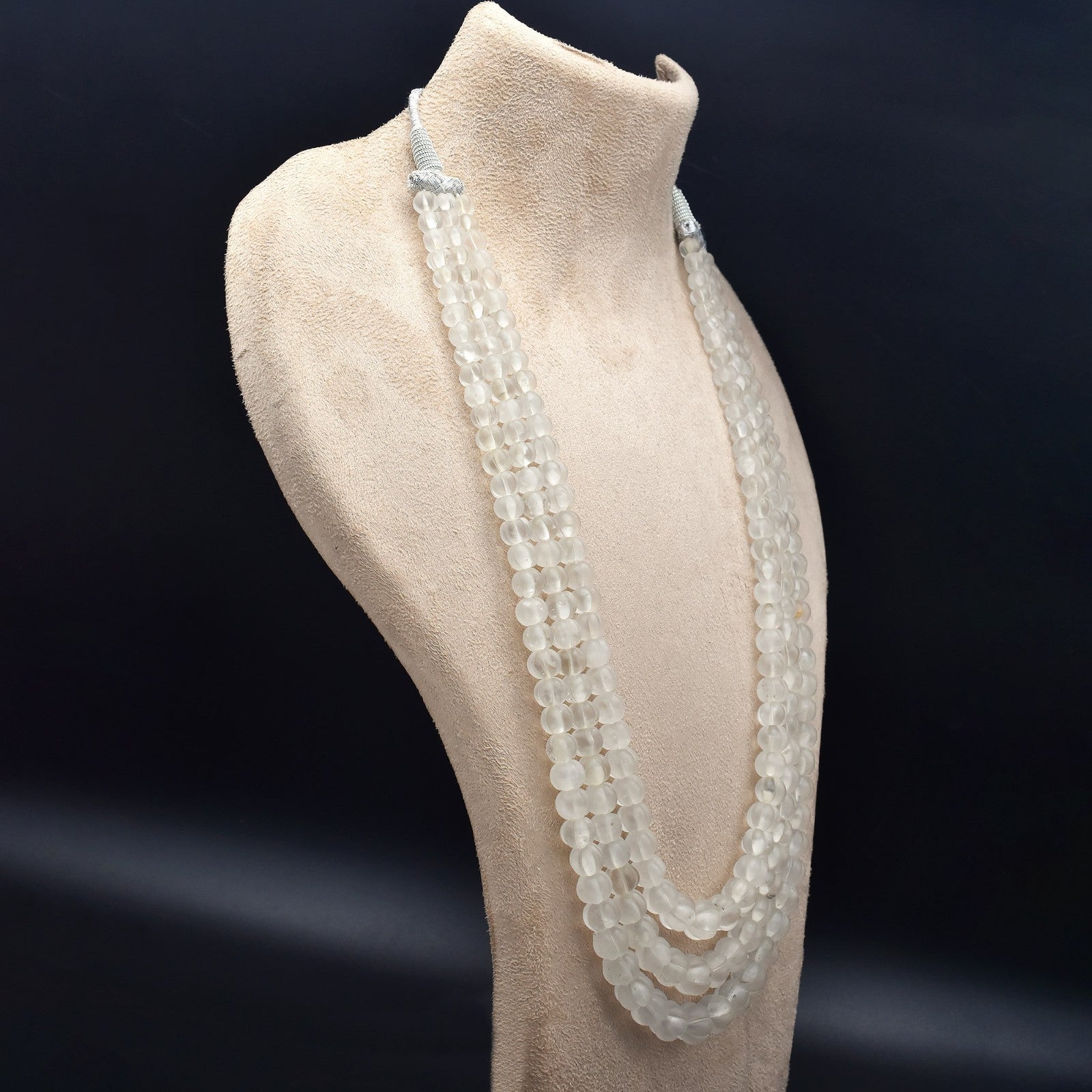 Natural Rock Crystal Quartz 626 Ct Carved Melon Frost Beads Necklace