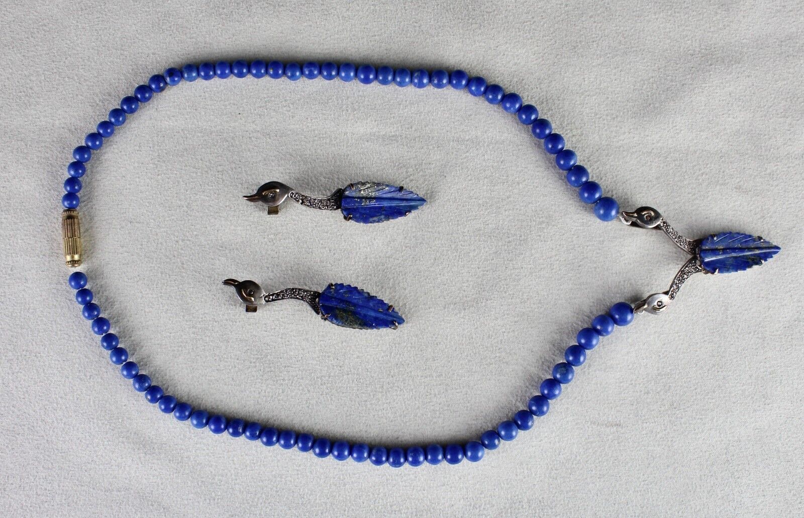 NATURAL LAPIS LAZULI LEAF DIAMOND SILVER 18K GOLD VICTORIAN PENDANT EARRING SET