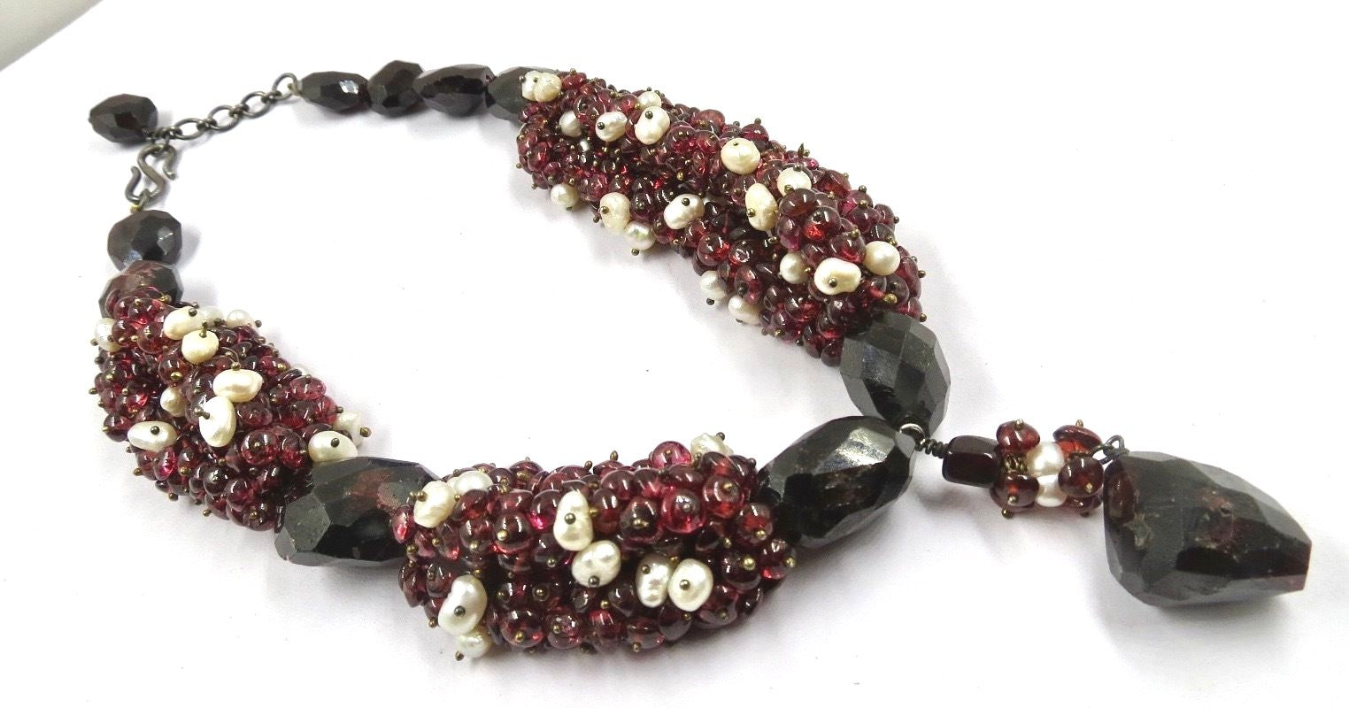 Natural Red Garnet Pearl Beads Sterling Silver 783 Ct Designer Necklace