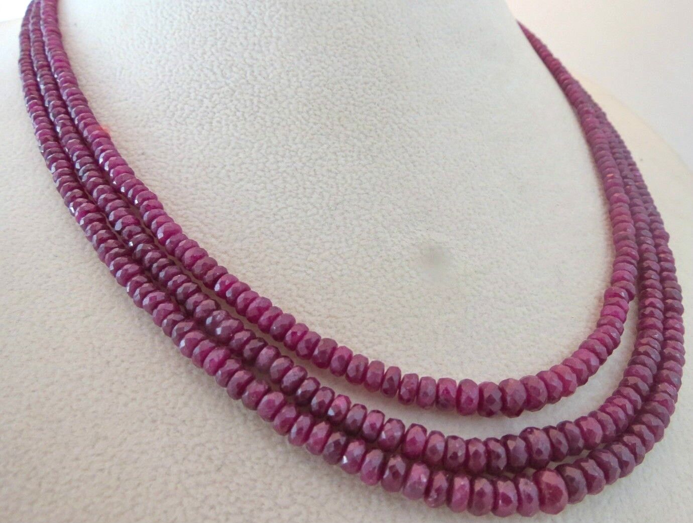 NATURAL RUBY BEADS FACETED ROUND 3 LINE 225 CARATS GEMSTONE LADIES NECKLACE