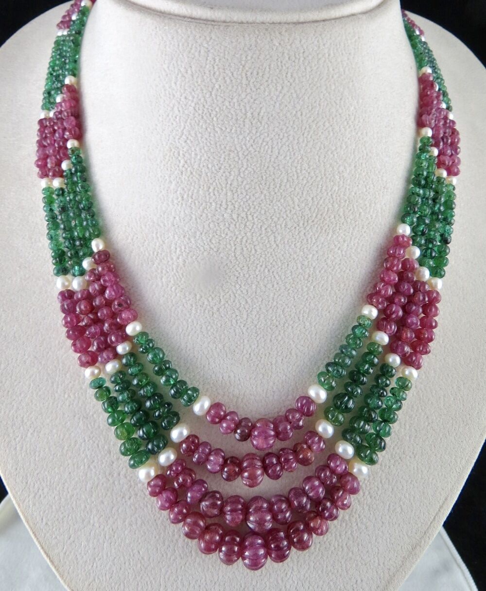 ANTIQUE NATURAL UNHEAT RUBY EMERALD MELON CARVED PEARL 368 CARATS BEADS NECKLACE
