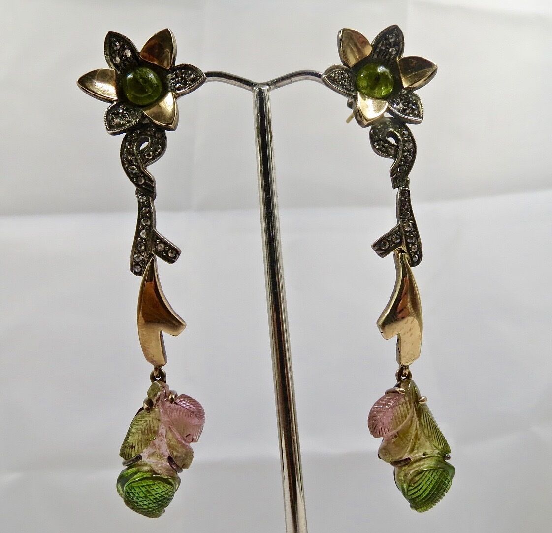 Natural Multi Tourmaline Carved Diamond 18 K Gold 925 Silver Victorian Earring