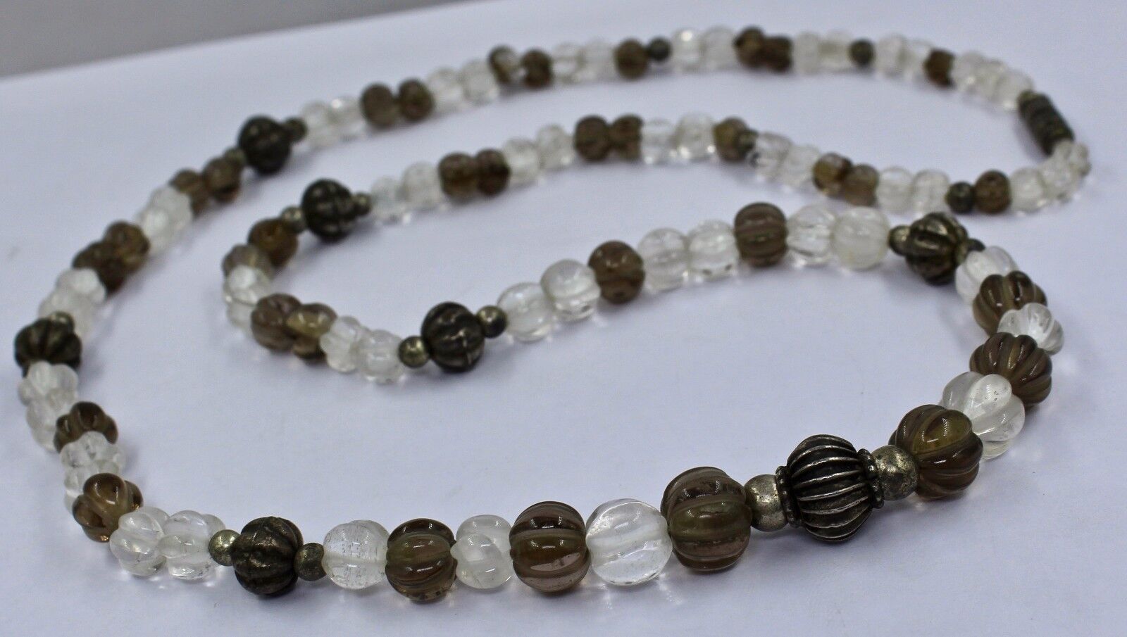 ESTATE SMOKY & CRYSTAL QUARTZ 925 STERLING SILVER BEADS 25"LONG FASHION NECKLACE