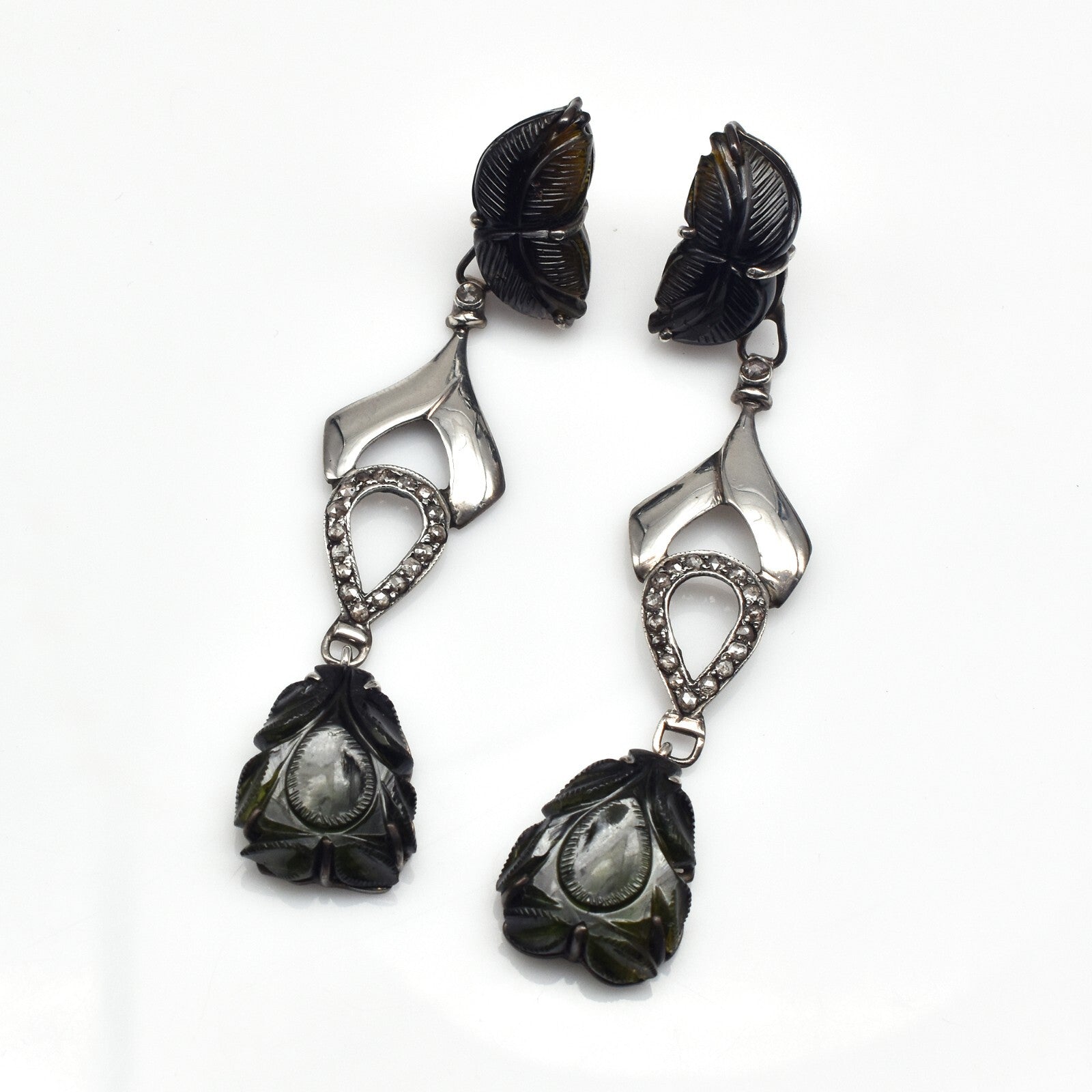 Estate Natural Green Tourmaline Diamond 10ct Sterling Silver Victorian Earrings