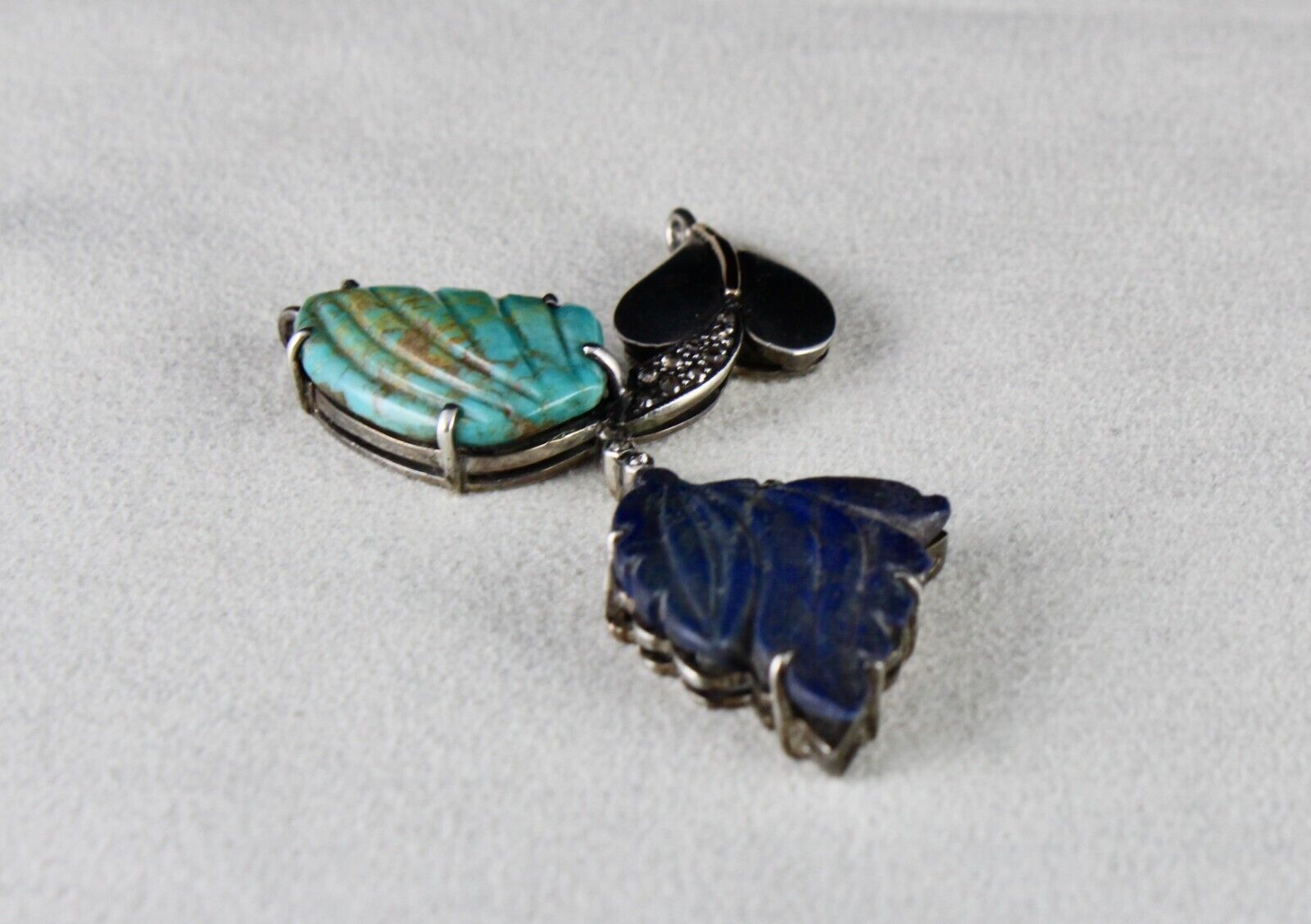TURQUOISE LAPIS LAZULI CARVED LEAF DIAMOND VICTORIAN 925 SILVER & GOLD PENDANT