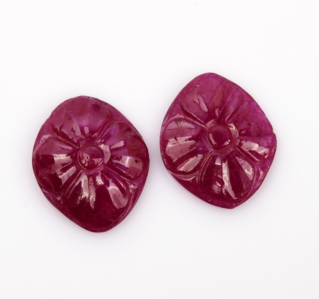 Natural Ruby Engraved Oval Flower Pair 2 Pc 6.18 Ct Loose Red Gemstone Earring