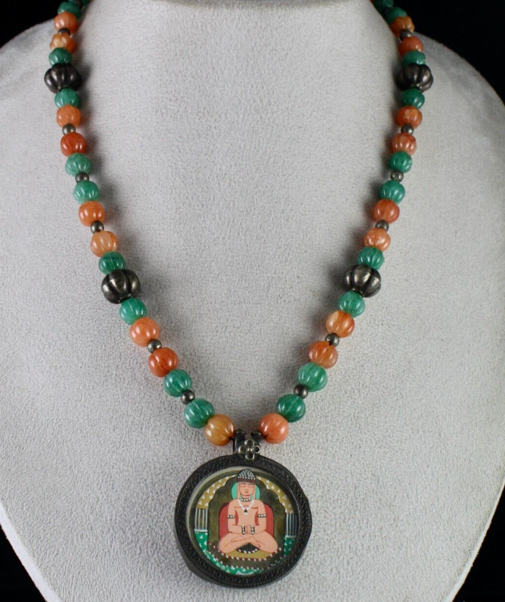 Sterling Silver Old Budha Painting Pendant Green Orange Quartz 410ct Necklace