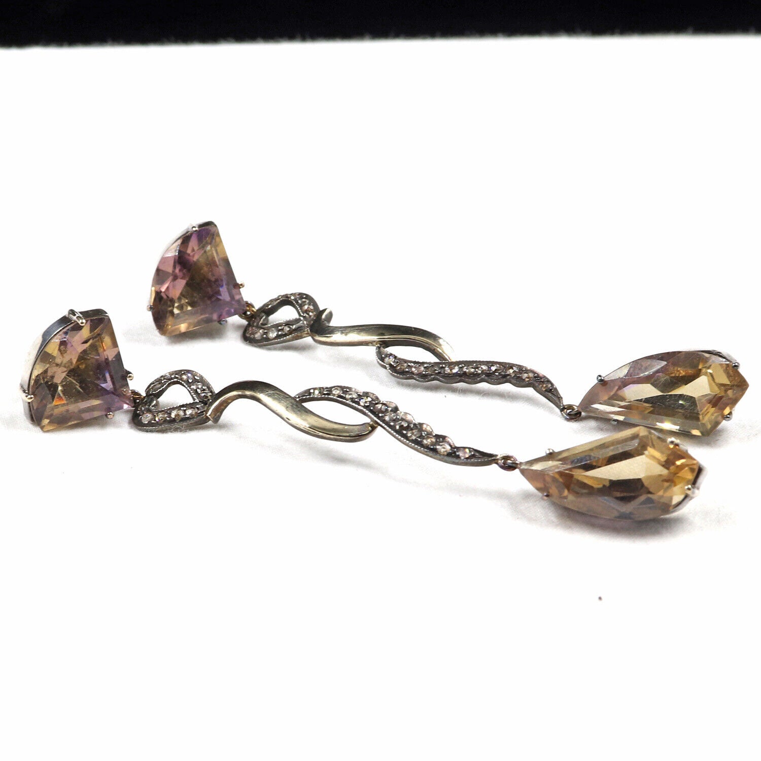 Natural Ametrine Multi Cut 18K Gold Diamond & 925 Silver Victorian Earring
