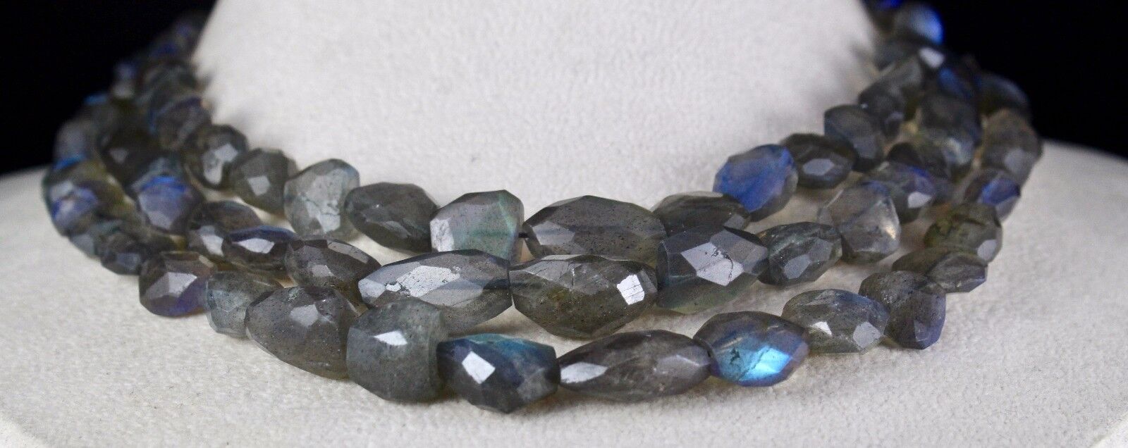 NATURAL BLACK LABRADORITE BEADS FACETED TUMBLE 3 LINE 573 CTS GEMSTONE NECKLACE