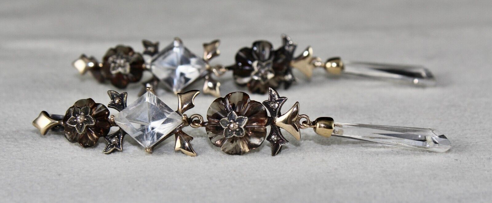 NATURAL SMOKY CRYSTAL QUARTZ CUT STONE DIAMOND 18K GOLD VICTORIAN SILVER EARRING