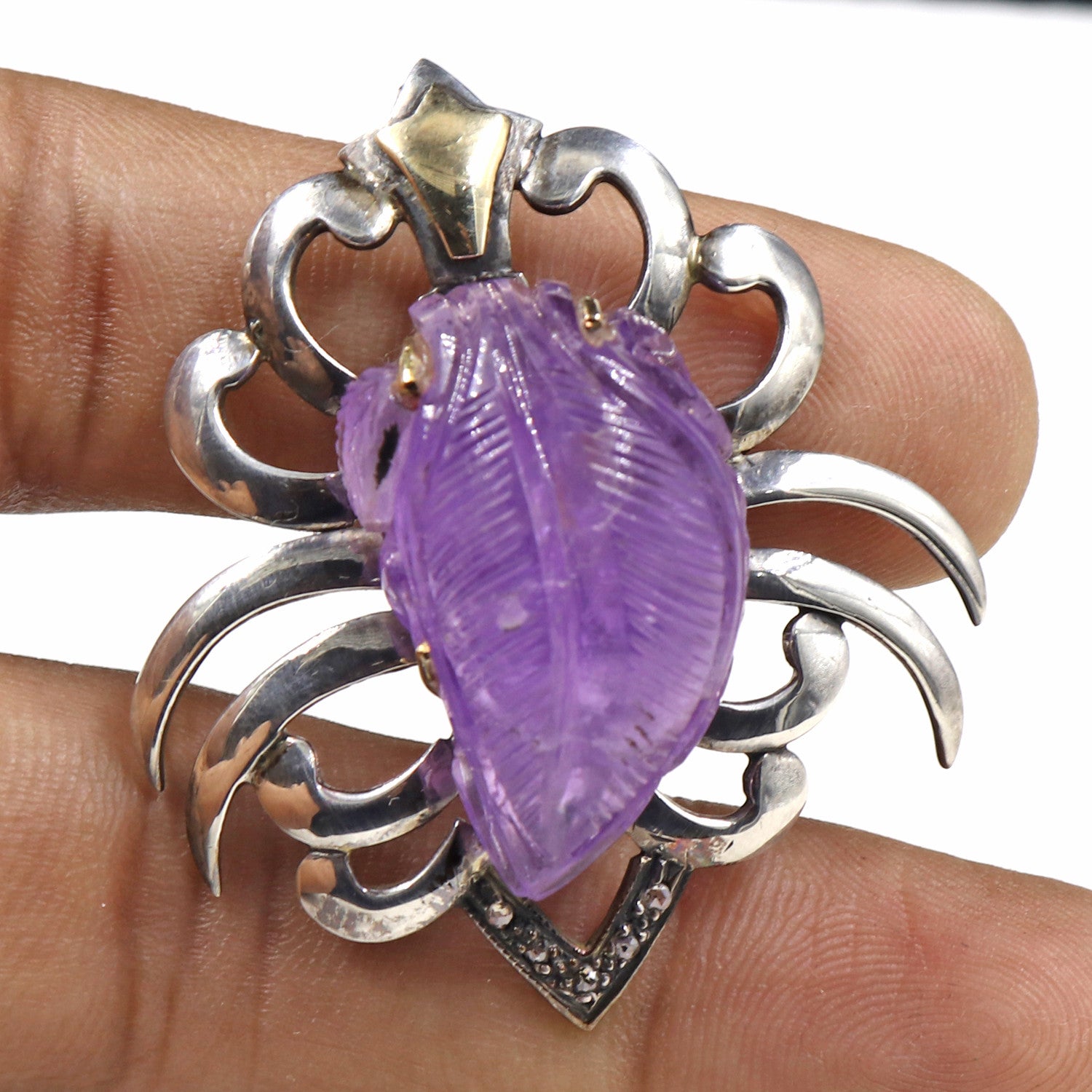 Antique Amethyst 78.55ct Natural Diamond Victorian Pendant Sterling Silver