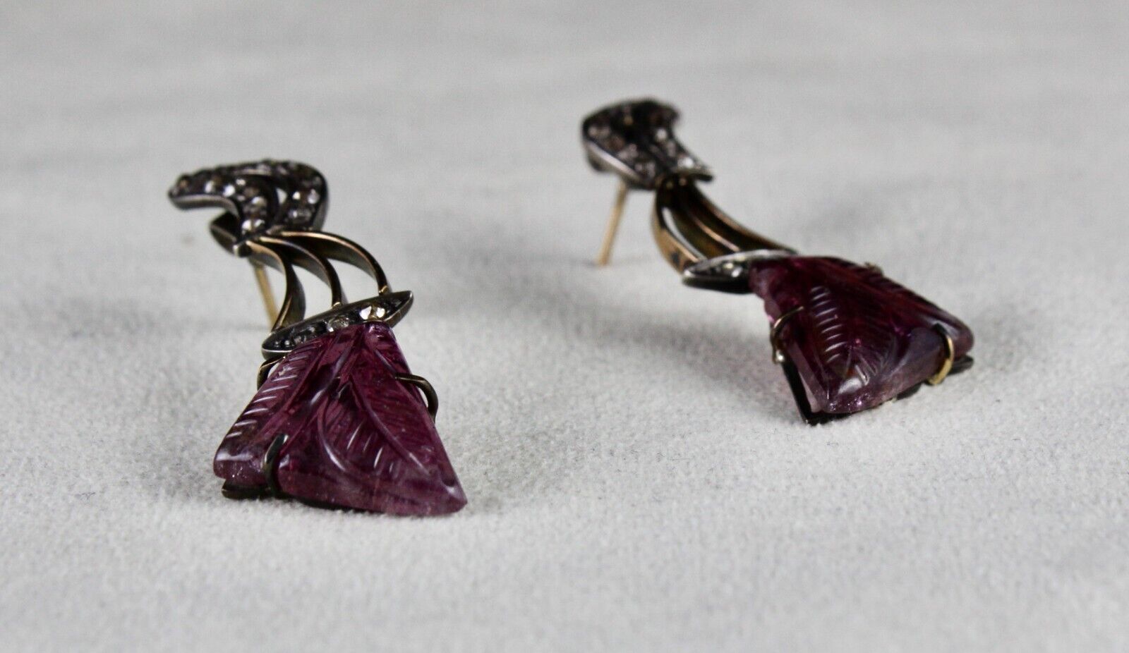 Natural Pink Tourmaline Carved Diamond 18K Gold Silver Victorian Antique Earring