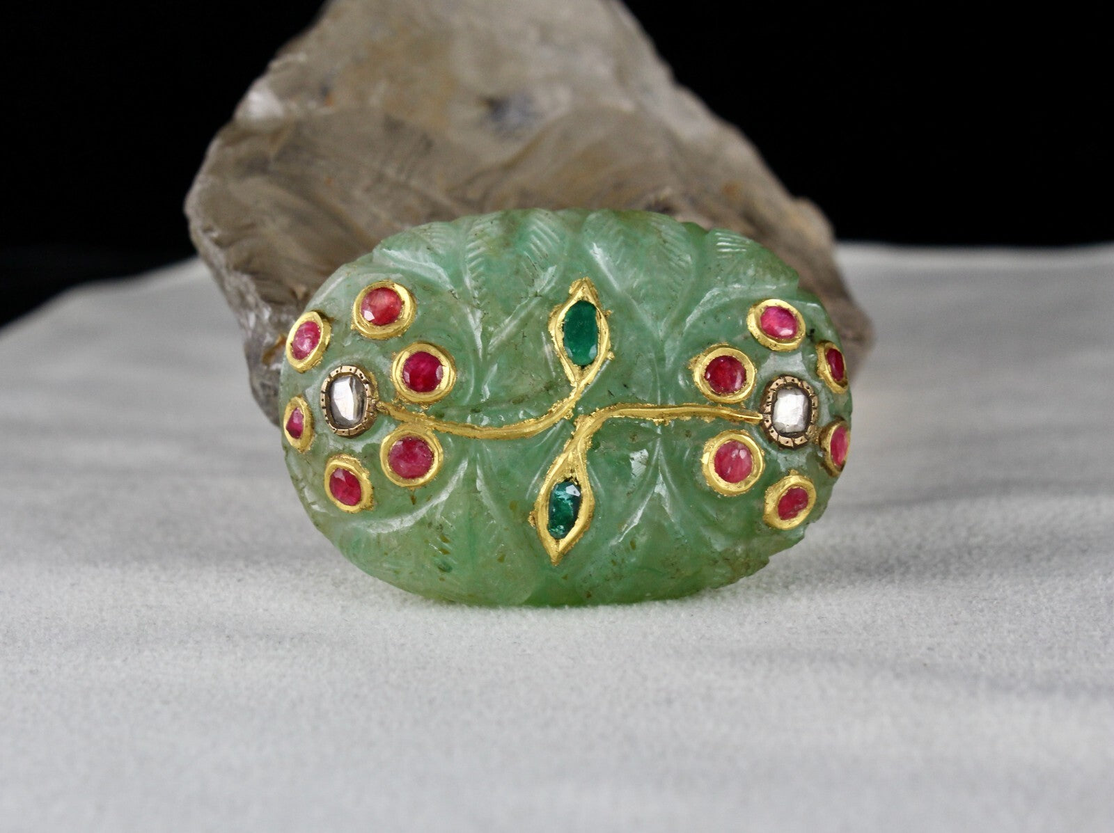 Certified Mughal Emerald Quartz 10ct Carved Natural Diamond Ruby Gold Pendant