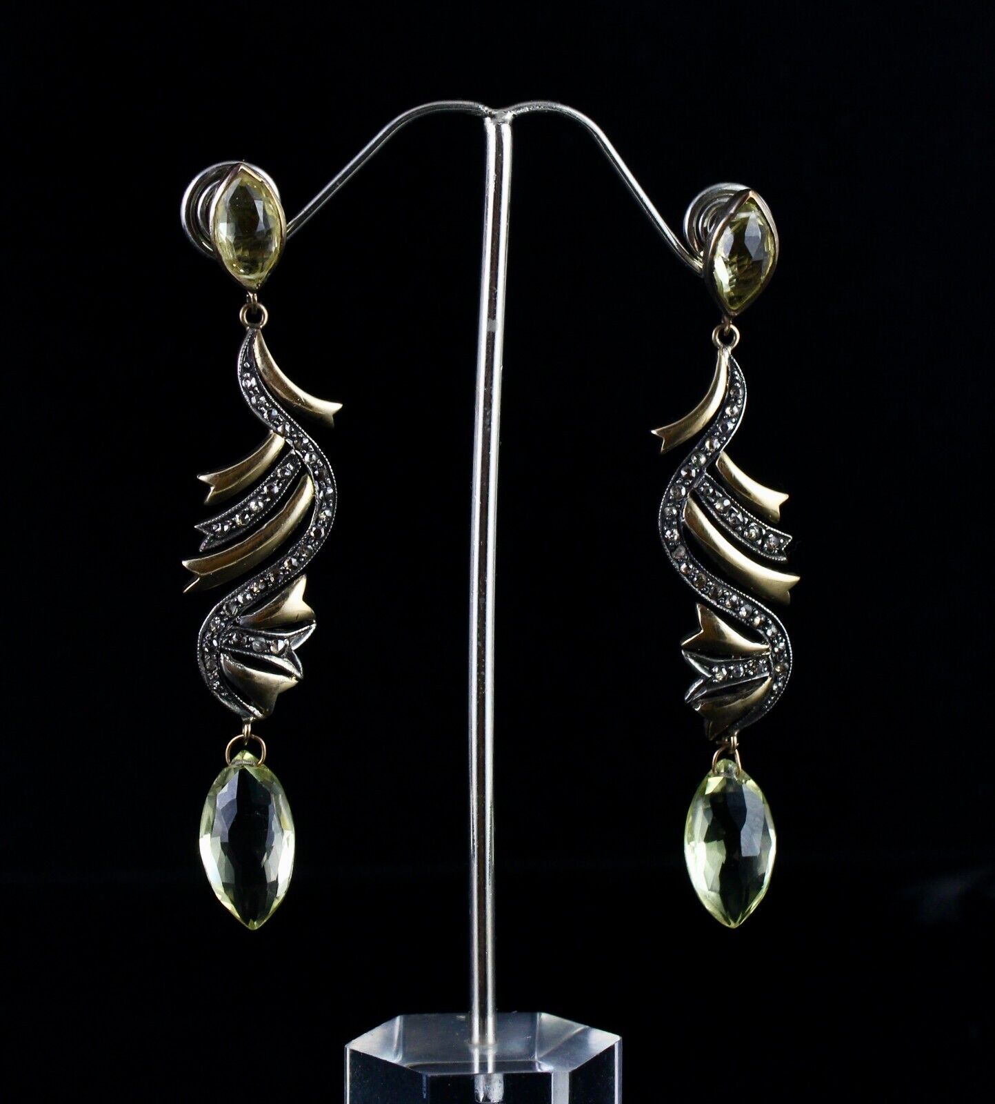 NATURAL LEMON QUARTZ TEAR DROPS DIAMOND 18K GOLD 925 SILVER VICTORIAN EARRING