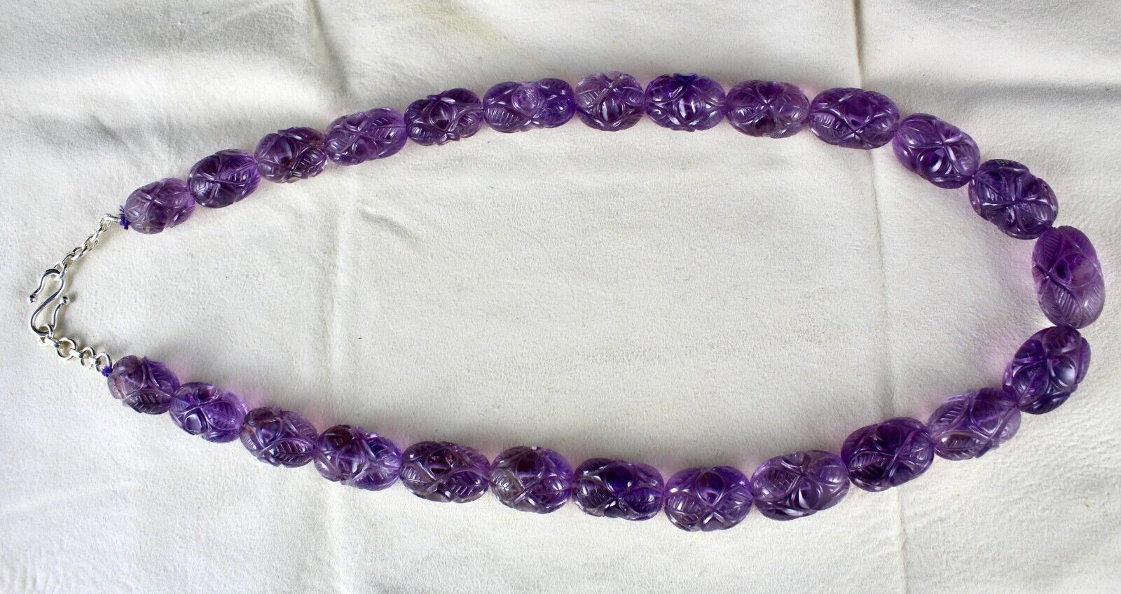 Natural Amethyst Engraved Beads 860 Ct Purple Gemstone Silver Vintage Necklace