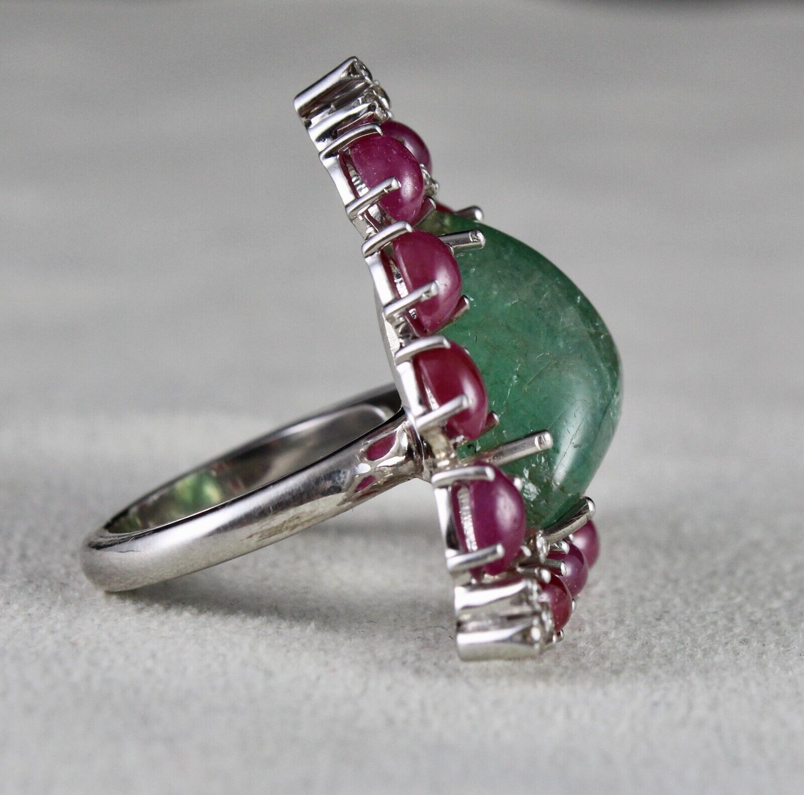 Antique Natural Emerald Ruby Cabochon Gemstone Diamond Silver Big Cocktail Ring