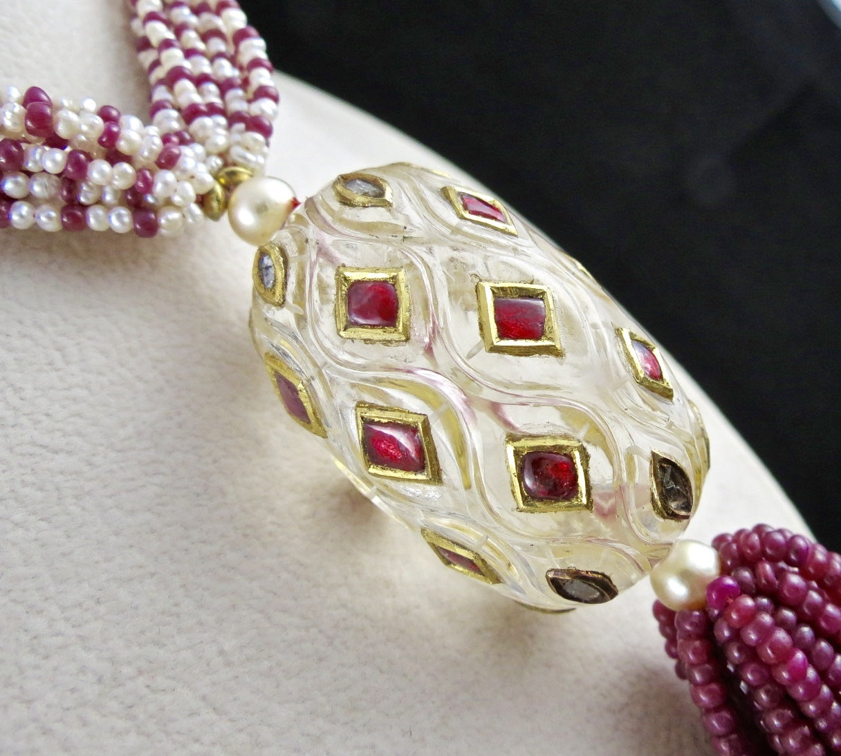 Antique Natural Rock Crystal Quartz 896ct 22k Gold Ruby Pearl Necklace Certified