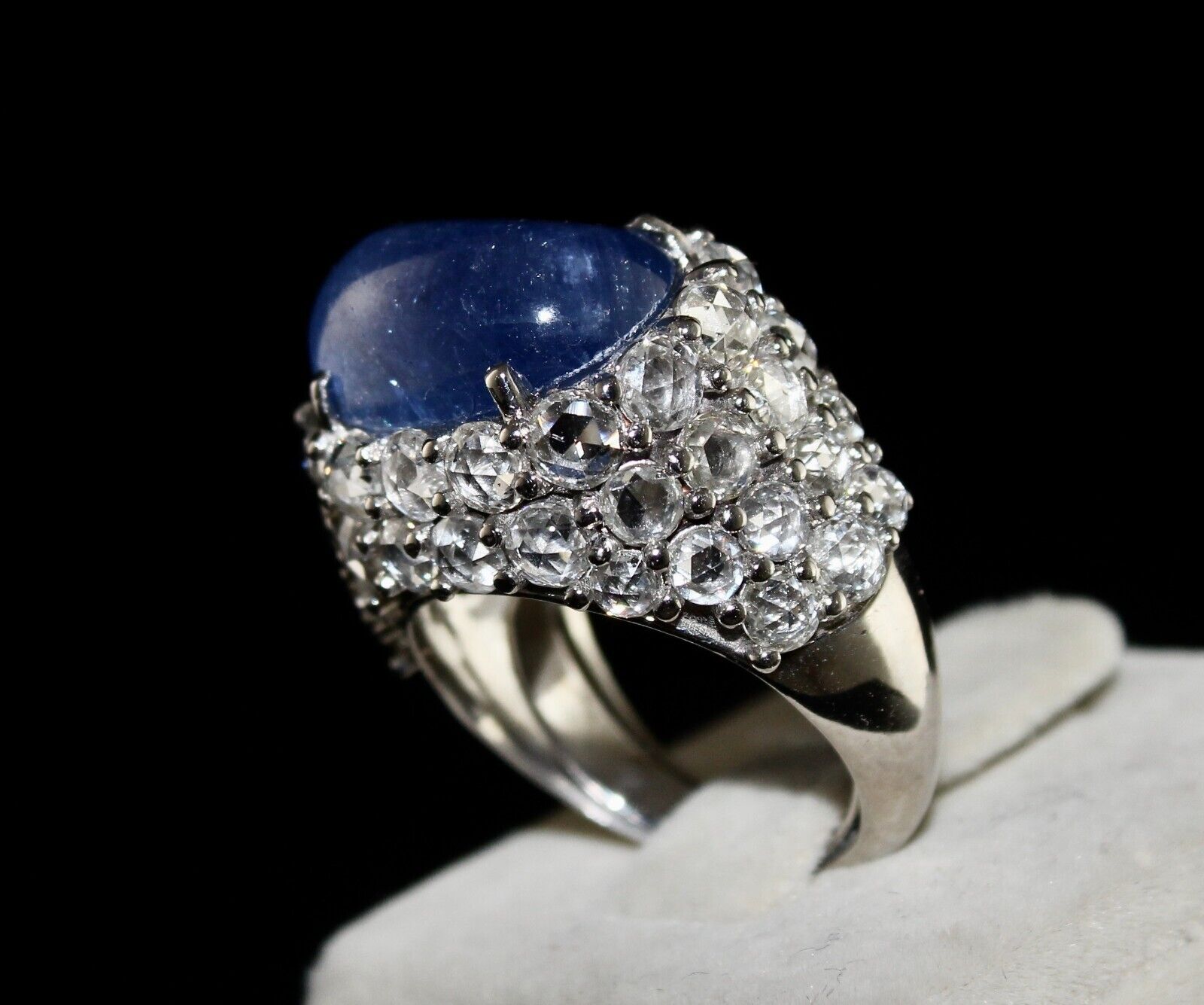 Natural Blue Sapphire Cabochon Rose Cut Diamond Studded 18k Gold Cocktail Ring