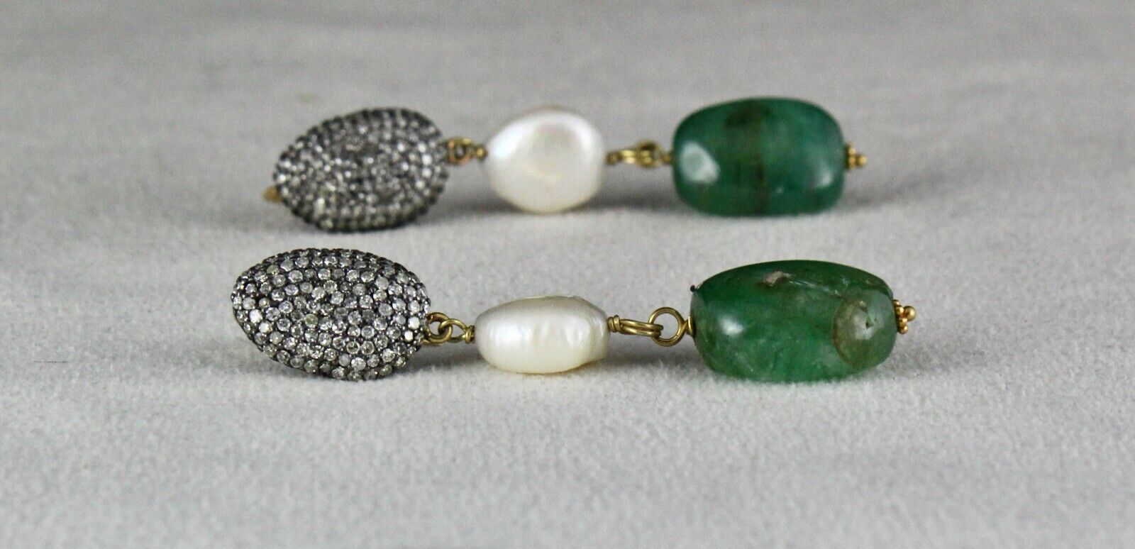 ESTATE NATURAL EMERALD TUMBLE BEADS DIAMOND PEARL 18K GOLD NECKLACE EARRING SET