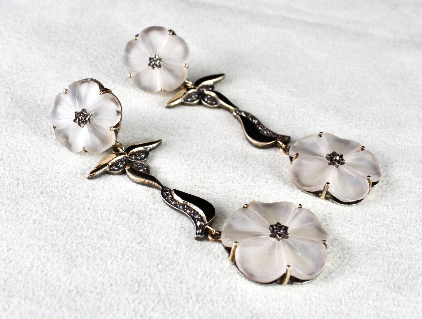 NATURAL ROCK CRYSTAL QUARTZ CARVED DIAMOND 18K GOLD 925 SILVER VICTORIAN EARRING