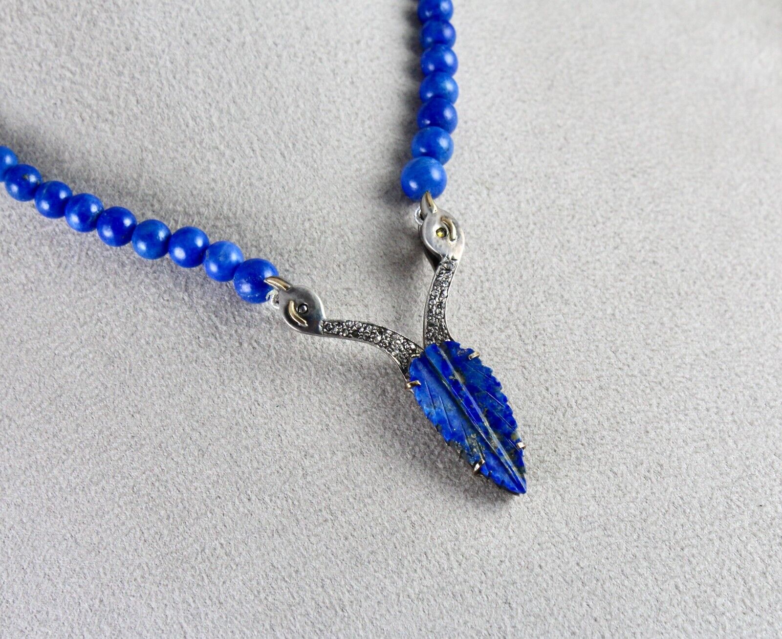NATURAL LAPIS LAZULI LEAF DIAMOND SILVER 18K GOLD VICTORIAN PENDANT EARRING SET