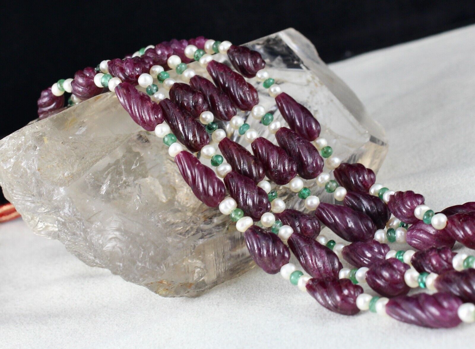 NATURAL RUBY BEADS CARVED TEAR DROPS 3 L 525 CTS EMERALD PEARL GEMSTONE NECKLACE
