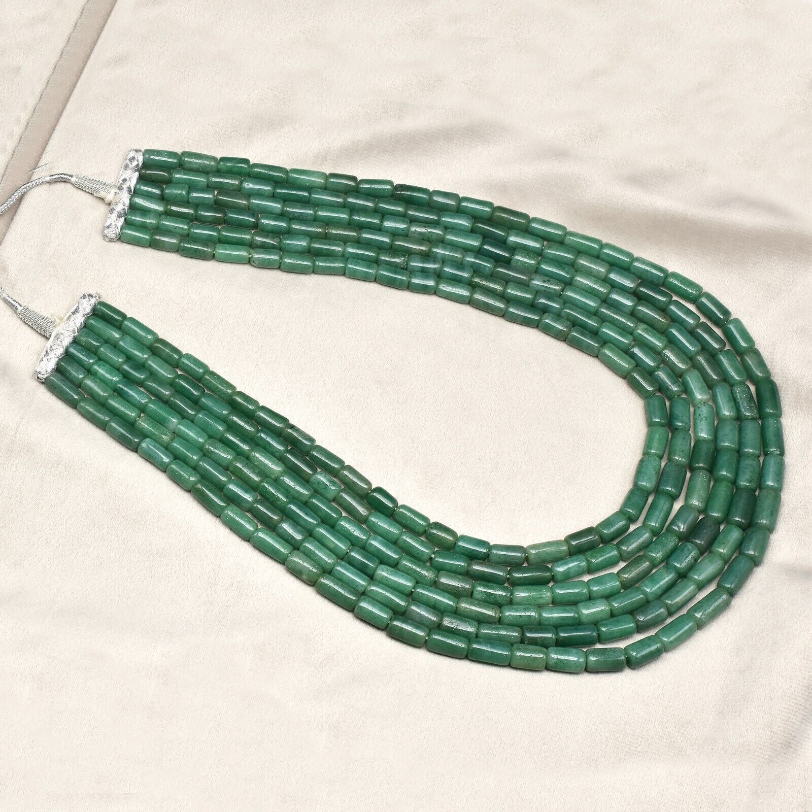 Natural Green Quartz Aventurine Tube beads Necklace 6 L 1774 Ct Vintage Gemstone