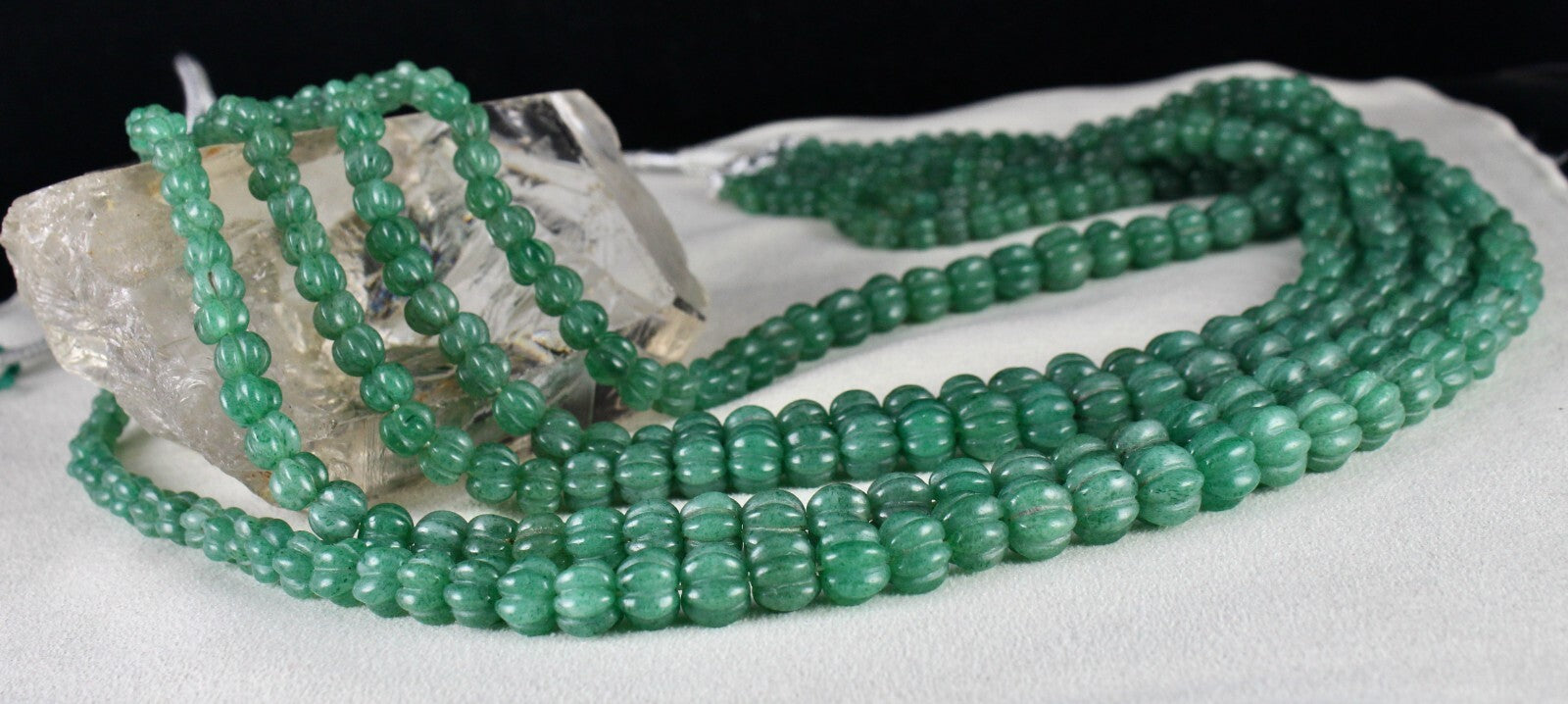 Natural Green Quartz Melon Beaded Necklace 1153 Ct 5 Line Old Carved Gemstone