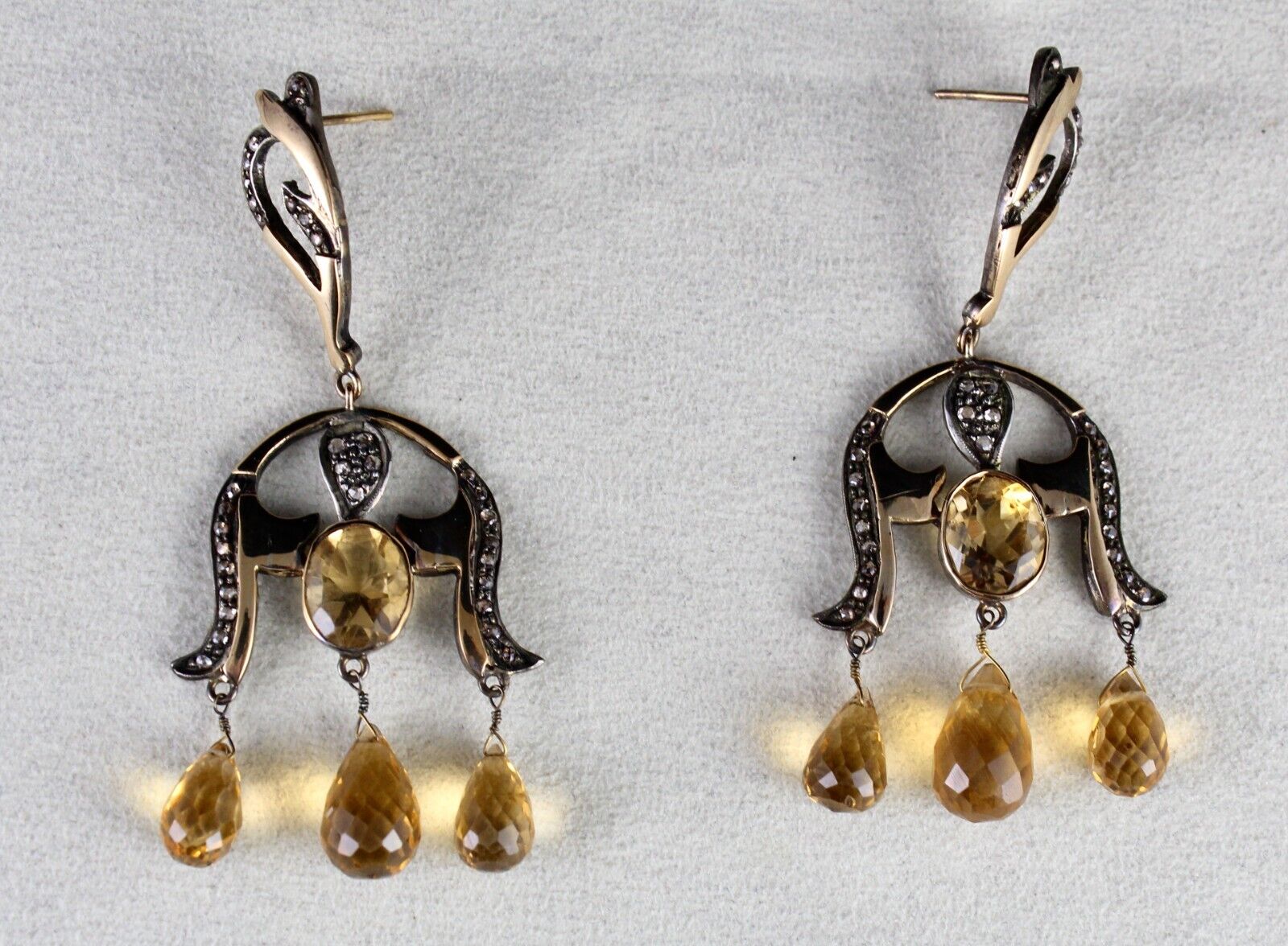 Natural Yellow Citrine Cut Diamond 18K Gold 925 Silver Victorian Vintage Earring