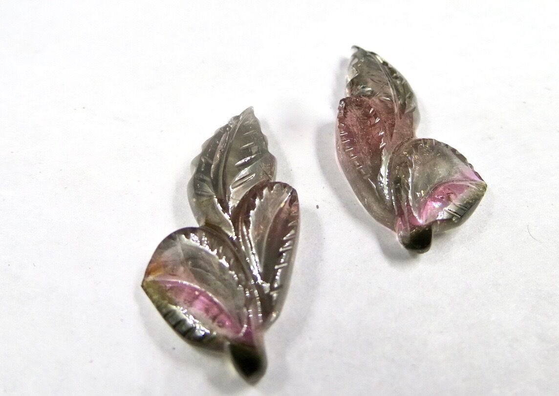NATURAL MULTI TOURMALINE CARVED LEAVES 2 PCS 35.75 CARATS GEMSTONE EARRING