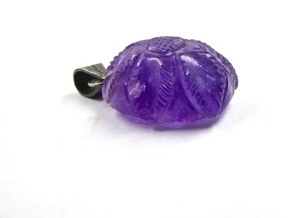 Sterling Silver Natural Amethyst 40ct Carved Oval Pendant Gemstone With Hook