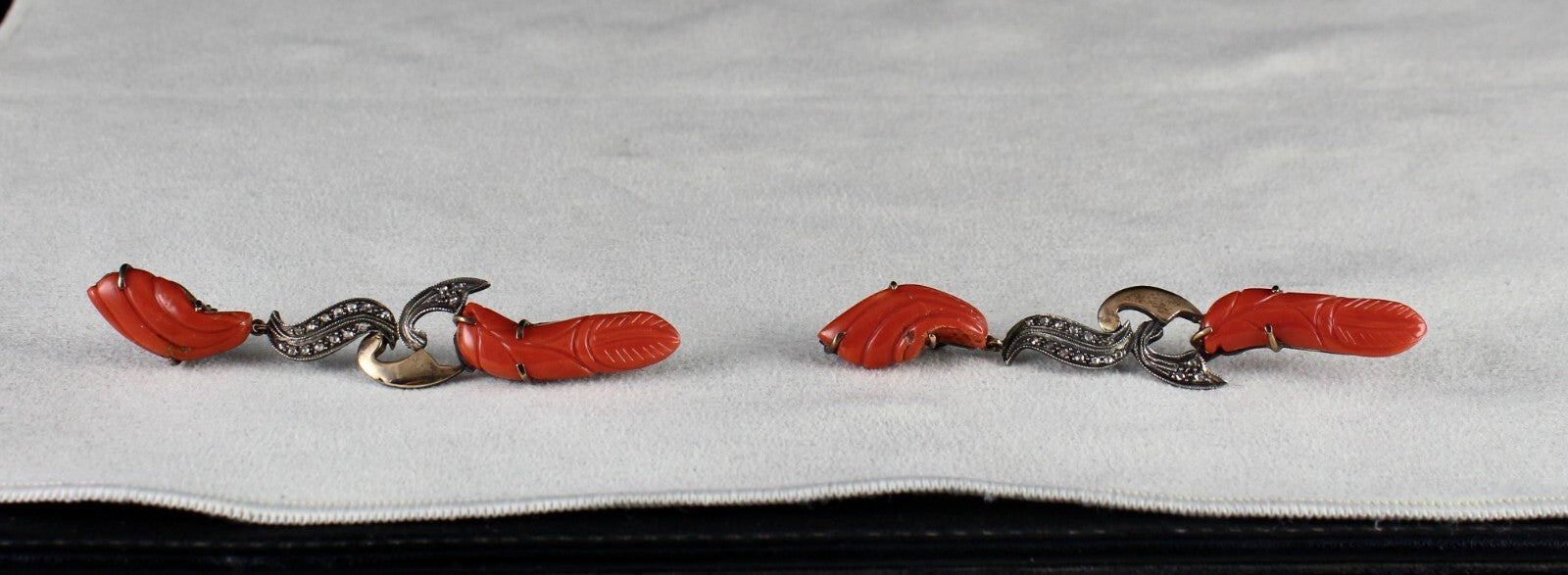 Estate Red Coral 10ct Natural Diamond 18k Gold 925 Sterling Silver Earrings