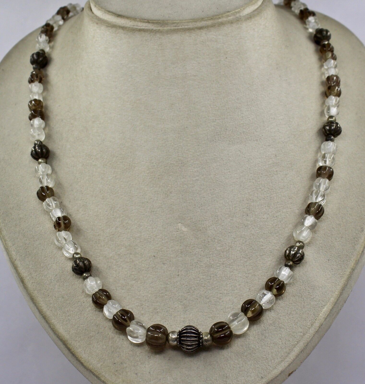 ESTATE SMOKY & CRYSTAL QUARTZ 925 STERLING SILVER BEADS 25"LONG FASHION NECKLACE