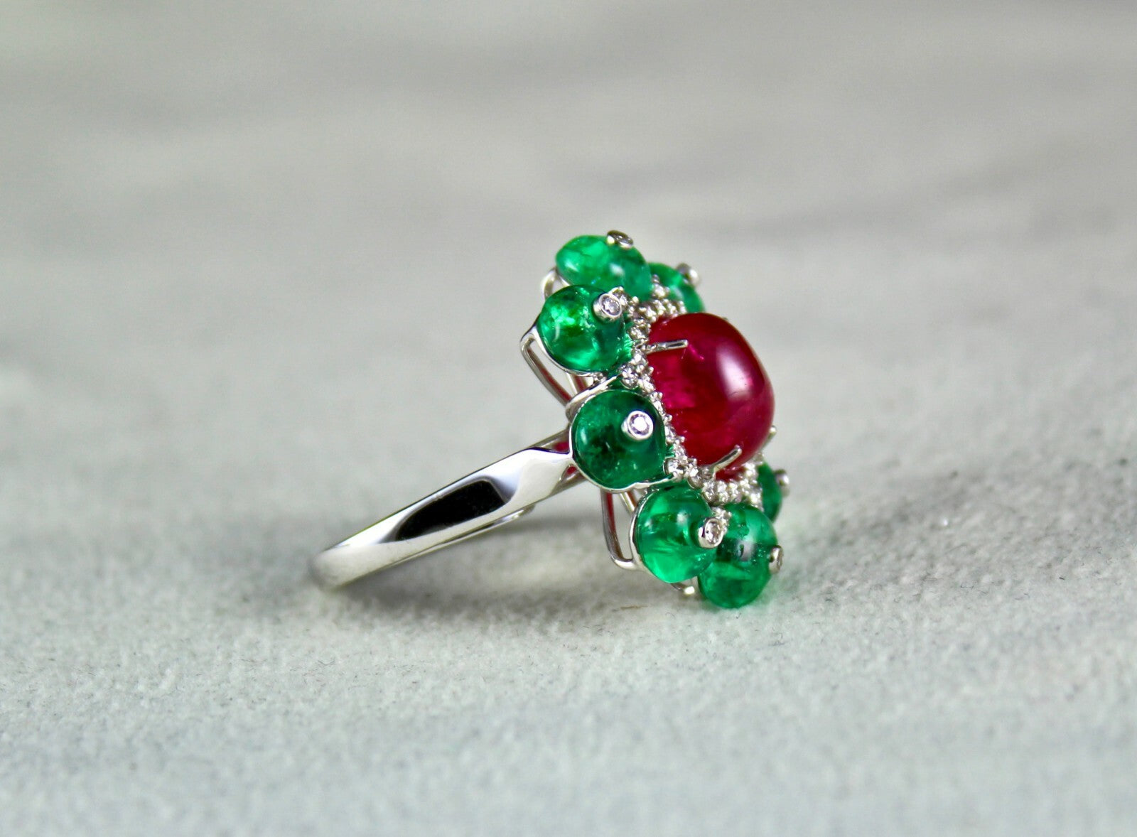 Certified Natural Burma Ruby 10ct Emerald Cabochon Natural Diamond 18k Ring