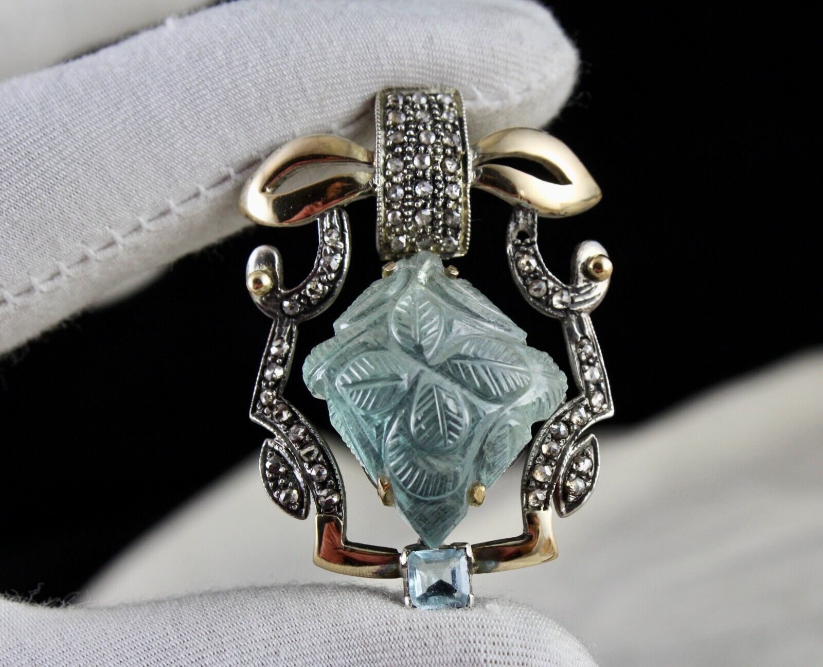 Natural Blue Aquamarine Carved Diamond 18K Gold 925 Silver Victorian Pendant