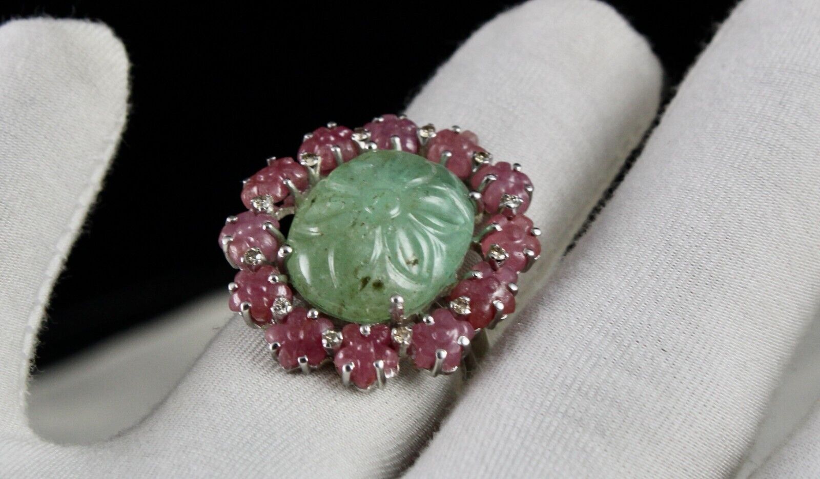Antique Natural Emerald Ruby Carved Gemstone Diamond Silver Big Cocktail Ring